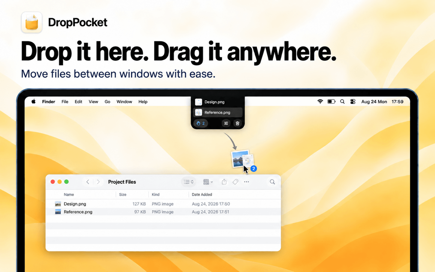 Files dragged from the DropPocket pocket into a Finder folder